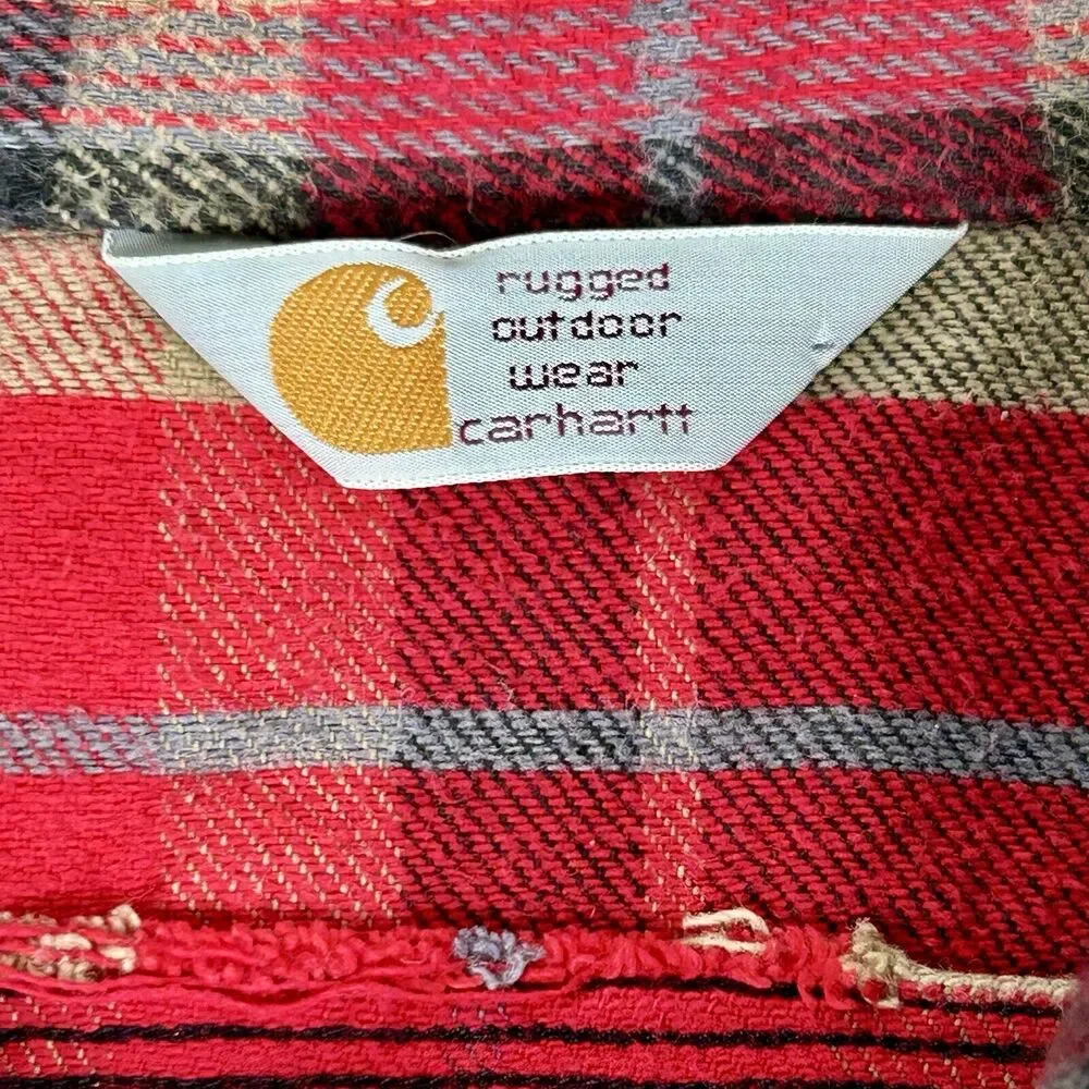 Vtg Carhart Small Red Black Plaid Button-Up Flannel Work Chore GUC - Picture 7 of 9